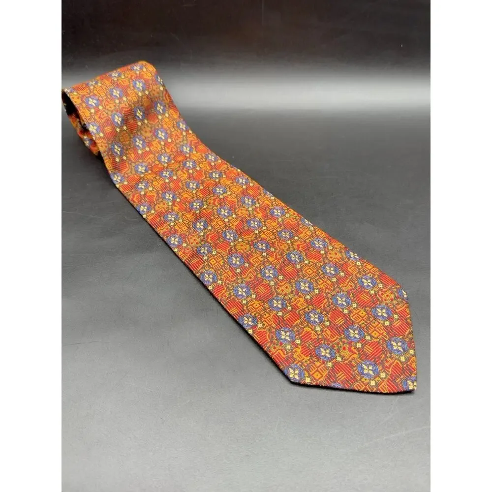 Robert Talbott Best of Class Silk Tie Red Gold Blue Geometric 59in USA Made